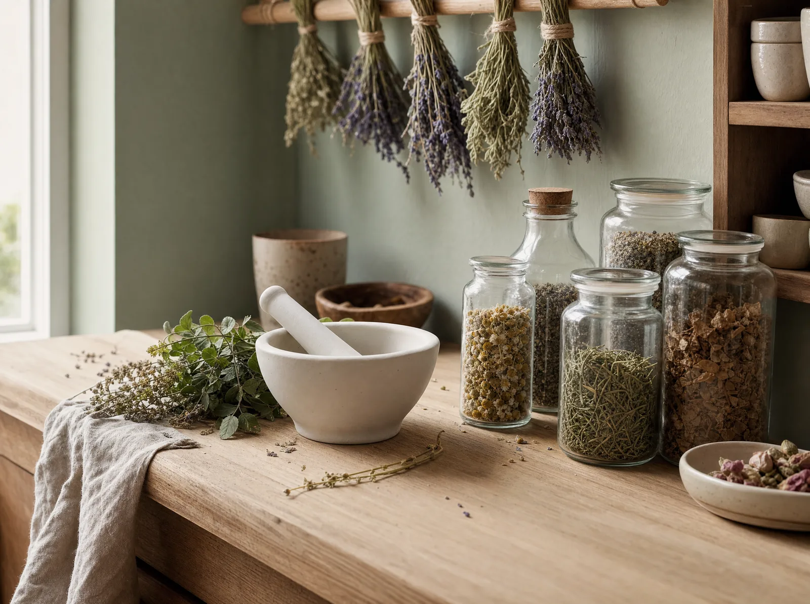 Naturheilkundliche Praxis: Kraeuter und Tinkturen in heller Apothekenatmosphaere