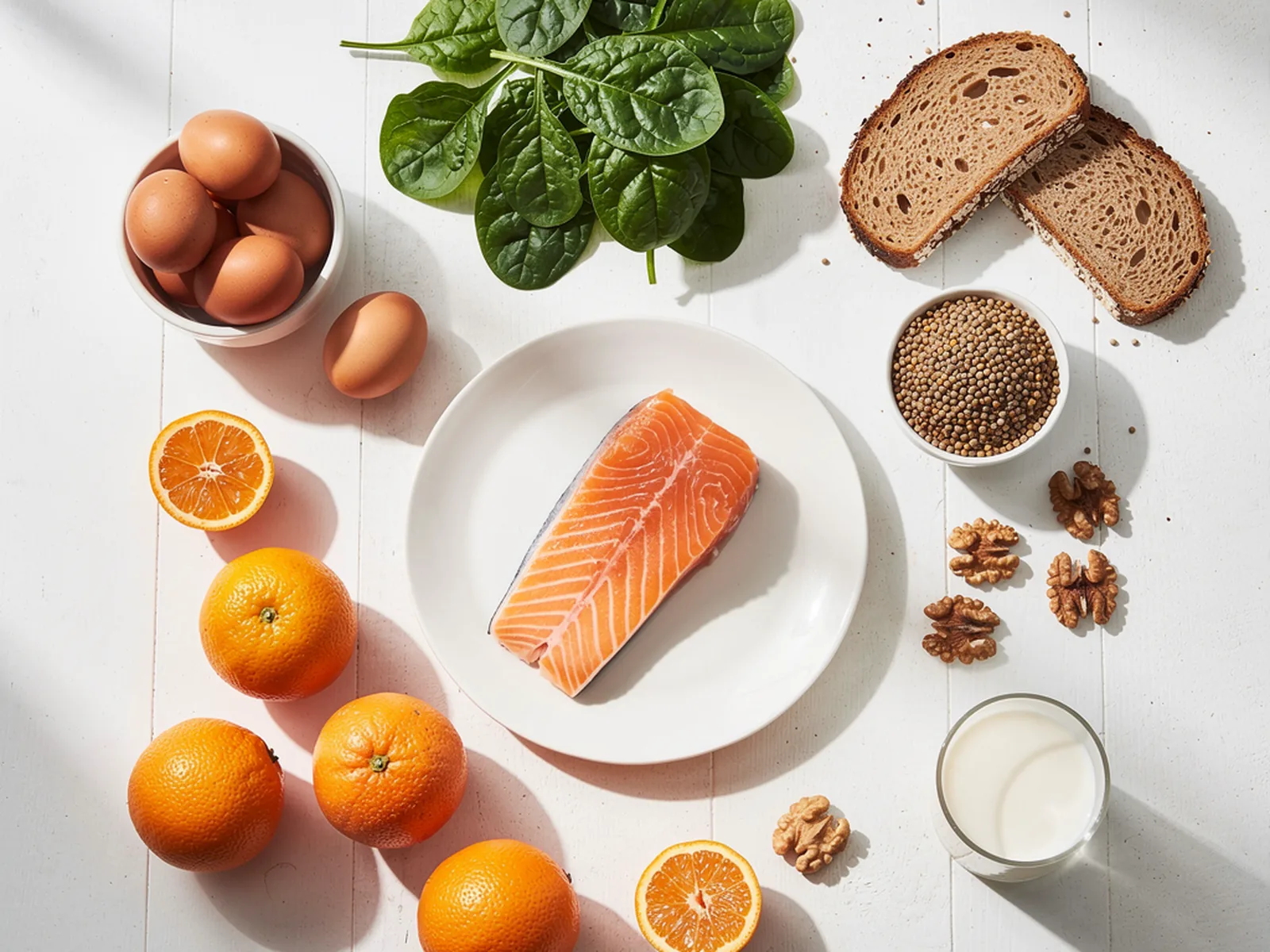 Vitaminreiche Lebensmittel wie Lachs, Eier, Spinat, Vollkornbrot und Orangen auf hellem Holztisch