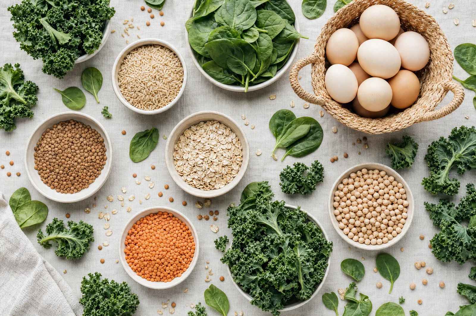 B-Vitamin-reiche Lebensmittel: Blattgemüse, Vollkorn, Hülsenfrüchte und Eier