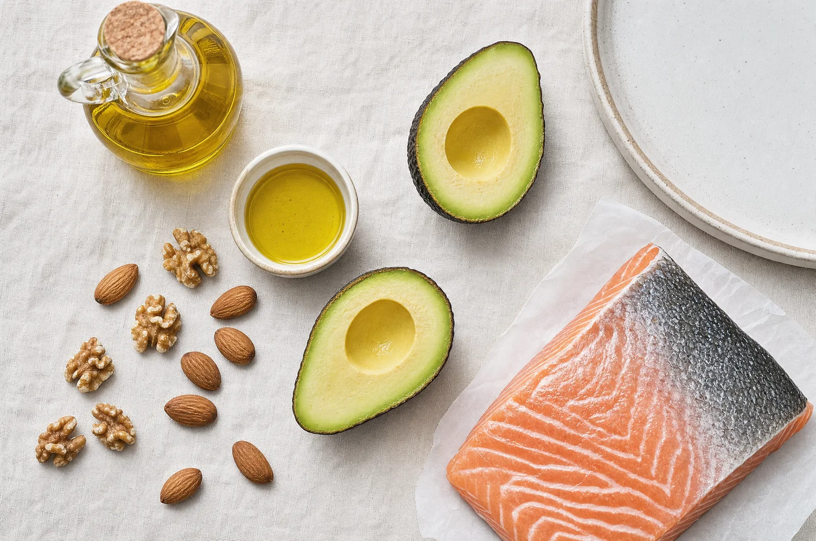 Lachs, Avocado, Walnüsse und Olivenöl auf hellem Holzbrett