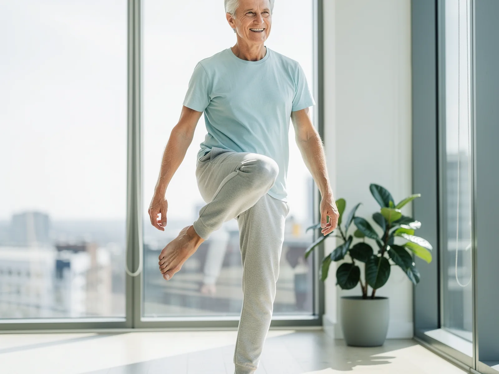 Vitaler älterer Mann macht eine Gleichgewichtsübung als Sinnbild für die Rückbildung der Muskelschwäche beim Guillain-Barré-Syndrom